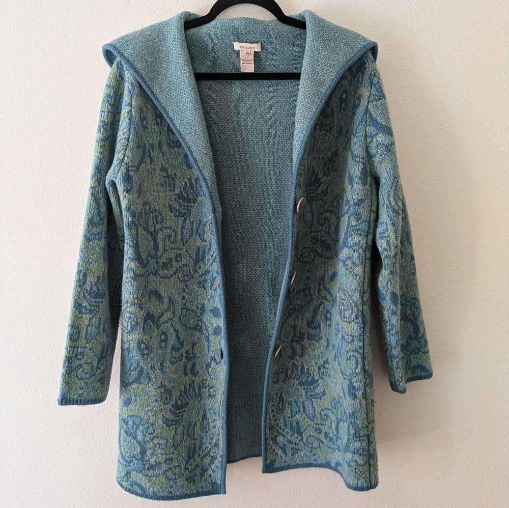 Sundance 100% Lambswool Teal Jacquard Jacket Cardigan sz PS Boho Fisherman - Picture 8 of 11